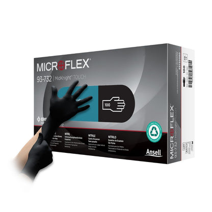 Schwarze Ansell Microflex MidKnight Touch Nitril-Untersuchungshandschuhe, Packung mit 100 Stück