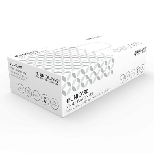 Unicare Untersuchungshandschuhe aus durchsichtigem Vinyl (EN455), 100 Handschuhe pro Box