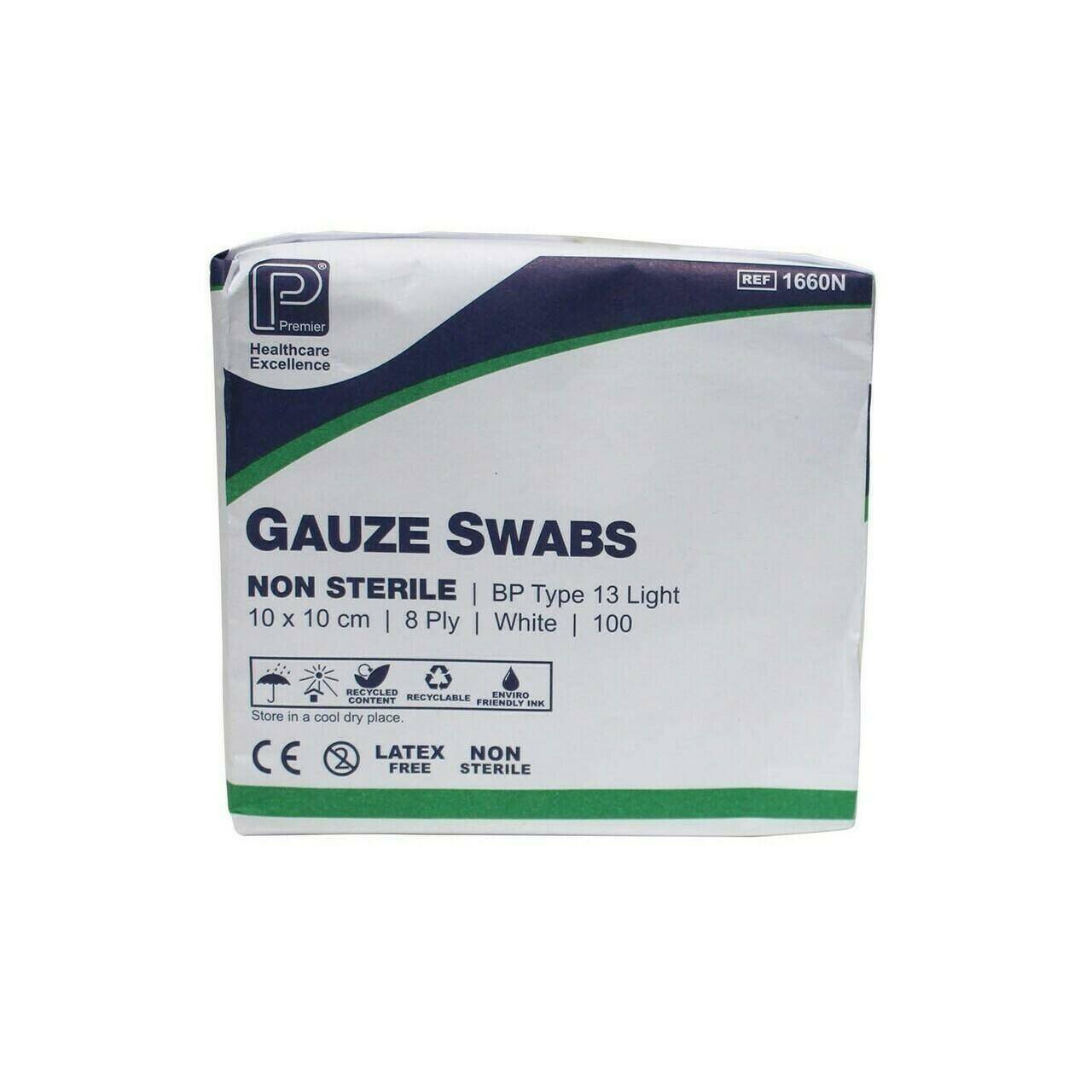 Premier Gauze Swabs: 10 x 10cm 8 Ply x 100 1660A UKMEDI.CO.UK