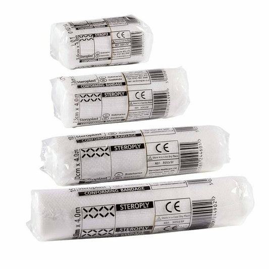 A set of Steroplast conforming bandages in various sizes, wrapped in individual packaging.
