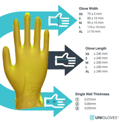 Unicare Yellow vinyl examination gloves Box of 100