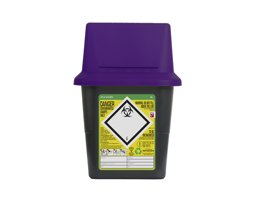 4-Liter-Sharpsafe-Behälter für scharfe Gegenstände in Grau mit violettem Deckel