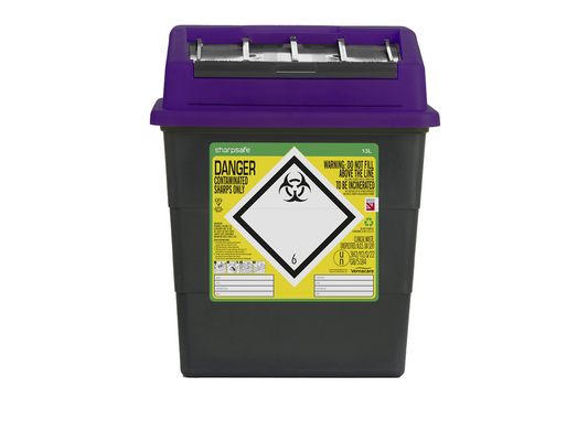 13-Liter-Sharpsafe-Behälter für scharfe Gegenstände, grau, violetter Deckel