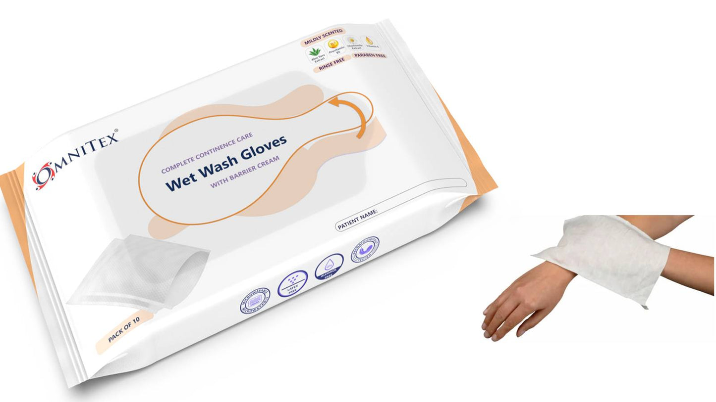 Omnitex Bed Bath Wet Wash Handschuhe mit Barrierecreme, 10 Stück