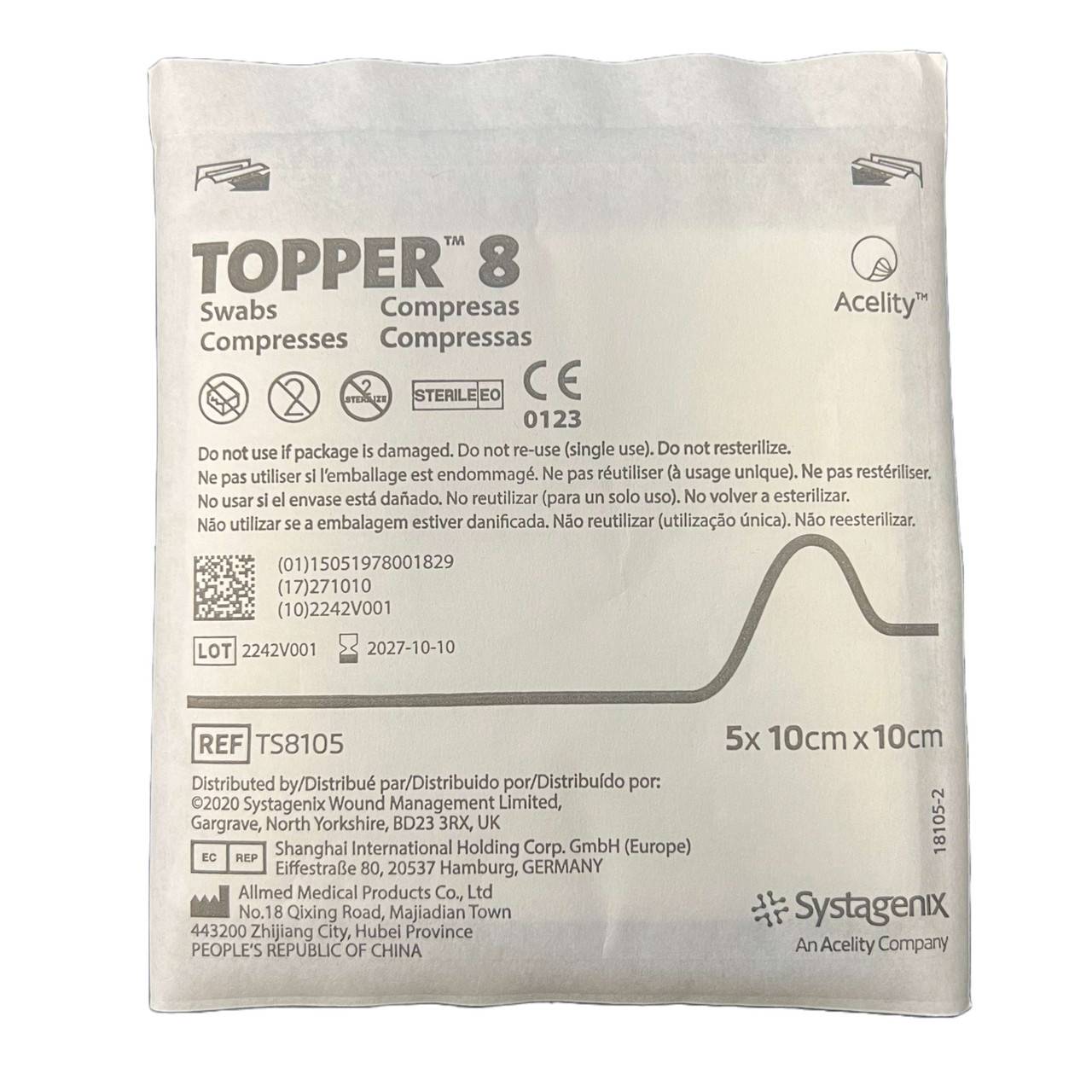 10 cm x 10 cm Topper, 8 sterile Mulltupfer, Einzelpackung mit 5 Stück