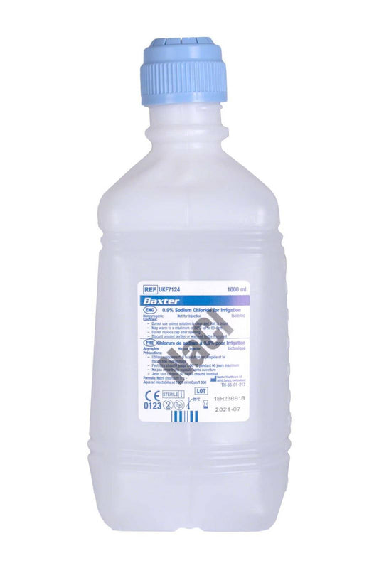 1 Liter NaCl 0,9 % Natriumchlorid zur Bewässerung Baxter NaCl 0,9 % Natriumchlorid (Kochsalzlösung) zur Bewässerung. Ein Liter (1000 ml).