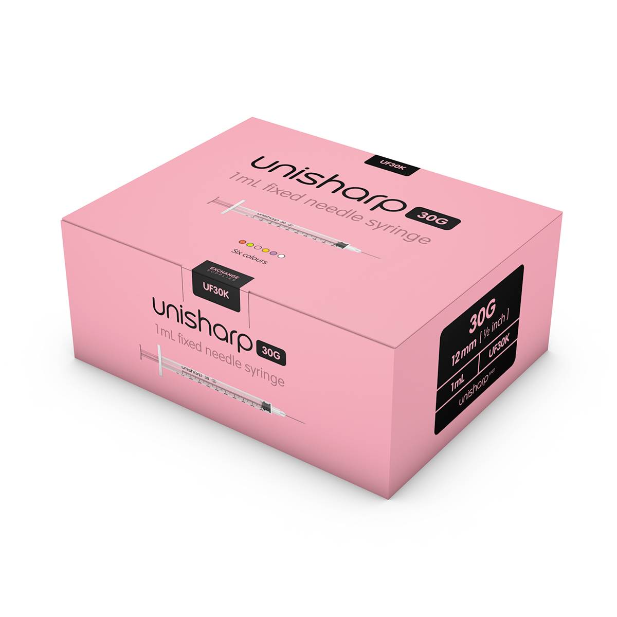 1 ml 0,5 Zoll 30 g rosa Unisharp-Spritze und Nadel u100