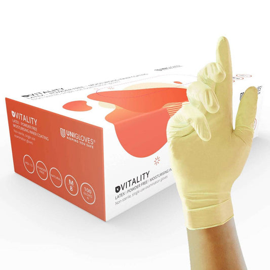 Unigloves Vitality Latex-Handschuhe mit feuchtigkeitsspendender Innenbeschichtung